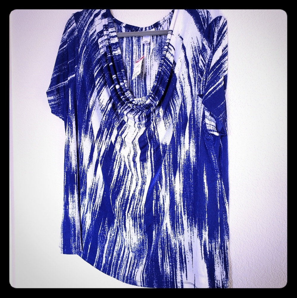 Blue and white cowl neck top NWT
